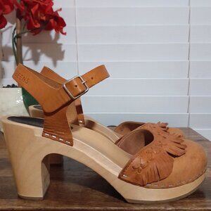 Swedish Hasbeens brown leather fringe slingback clogs sz 38 (8) READ DESCRIPTION